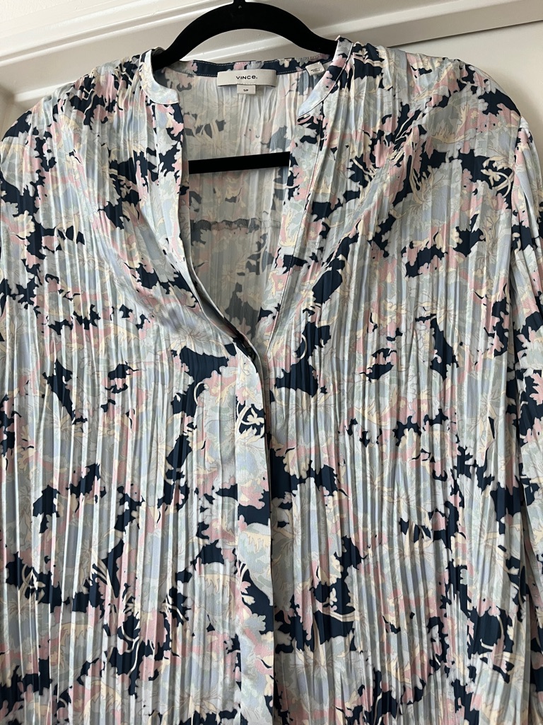 Vince Pleated Floral Button-Front Top Navy, Light Blue & Pink